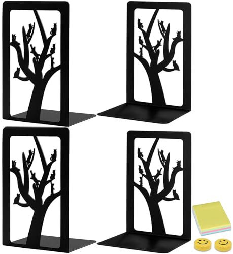 Qualsen 2 Paire Serre Livre, Serre Livres en Métal, Serre-Livres Noirs, Serre Livre en Forme ,Serre-Livres Décoratifs D'chat sur Un Arbre pour Bureau, Librairie et Bibliothèque,Retour à L'école
