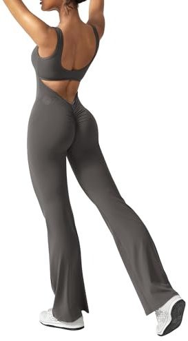 ZAAYO Damen Flared Jumpsuit Tight Scrunch Butt Overalls Lang Ärmelloser Sport rückenfrei Jumpsuit Yoga Bodycon Einteiler Ganzkörperanzug Stretch Elegant Jumpsuits Dunkelgrau Medium