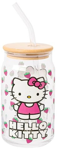 Sanrio Hello Kitty Strawberry - Vaso de vidrio con tapa de bambú y pajita, 473 ml