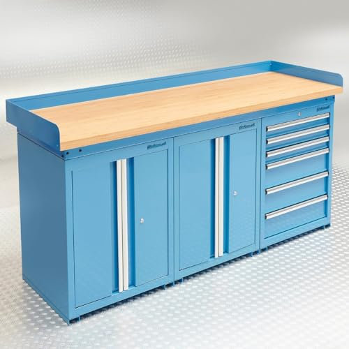 Werkbank PRO Bambus - 2 Türen- und 1 Schubladenschrank - 200 cm - blau