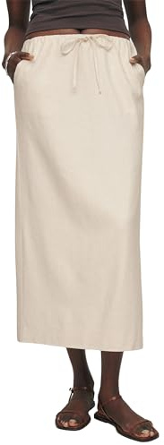 IDEALSANXUN Faldas largas de algodón y Lino para Mujer, Cintura elástica con cordón y Abertura, Beige, M