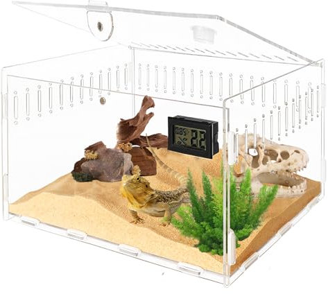 Reptilien Terrarium Box, Schnecken Terrarium, 30*20*15 Reptilien Futterbox, Reptil Fütterungsbox, Terrarium Transportbox Behälter, Acryl Terrarium Reptilien Box, Reptilien Aufzuchtbox Mit Hygrometer
