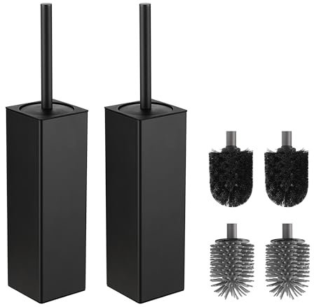 BVL Black Toilet Brush, 2 Piece Square Silicon Toilet Brush and Holder, Free Standing Toilet Brush Including 4 Quick Drying Brush Heads