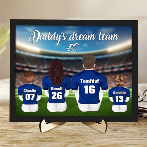 Smallduuck Marco personalizado con texto en inglés Daddy's Dream Team, placa de retrato familiar de fútbol con número de nombre, marco de rugby, marco para papá, abuelo, día del padre, cumpleaños,