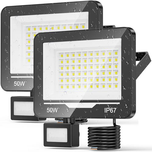 TOPAUBUB LED Strahler Fluter mit Bewegungsmelder Außen 50W 2 Stücke - 5000LM 6500K IP67 Wasserdicht LED Scheinwerfer Aussenstrahler mit Bewegungsmelder Außenstrahler Flutlichtstrahler für Garten
