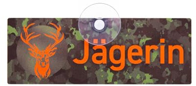 JÄGERIN Autoschild mit Hirschmotiv und Saugnapf – Premium Jagdschild in Orange auf grünem Camo-Hintergrund, formstabiles Aluverbund, UV- und witterungsbeständig, 18 x 6,5 cm