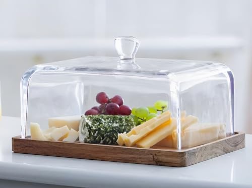 Dekoleidenschaft Cloche à fromage carrée en bois avec couvercle en verre, plateau à fromage avec cloche en verre, plateau de service 27 x 20 cm