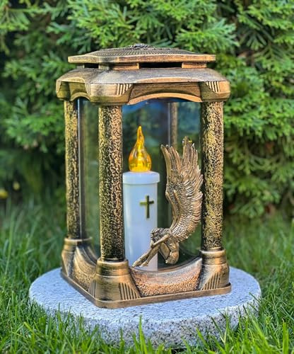 Grablampe mit SOCKEL Engel 3D Effekt - 25 cm H. Farbe Gold Grabkerze Kerze Grablicht Grabdeko Gartenlampe Laterne inkl. Sockel und Kerze NEU