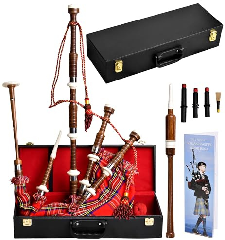 Highland Redstone Scottish Bagpipe – Full Size Cocuswood Bagpipe in Rosewood Finish with Silver Plain Mounts & Free Tutor Book in Various Tartans (Royal Stewart Tartan)