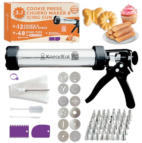 KneadEat Premium Churro Maker Spritz Cookie Press Gun Kit & Icing Gun 12 Cookie and Churro Discs 48 Piping Tips XL Filler, Piping Bag 2 Brushes, Perfect for Churros, Cookies and Cake Decorating.