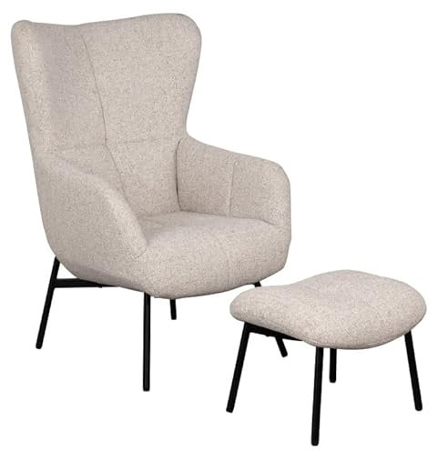 MR. DEKO® Ohrensessel Sava Beige inkl. Fußhocker | Moderner Relaxsessel mit Armlehnen | Hochlehner Polstersessel | Bequemer Sessel für Wohnzimmer und Büro | 86x104x74 cm | Sessel Wohnzimmer mit Hocker