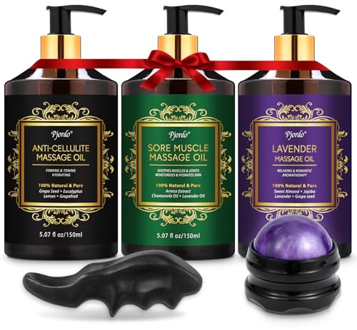 Pjordo 3 Pack Massage Oil for Massage Therapy, Lavender Oil for Relaxation, Sore Muscle Arnica Oil & Cellulite Massage Oil, with Massage Roller Ball & Thumb Saver Tool, Massage Kit for Him Her