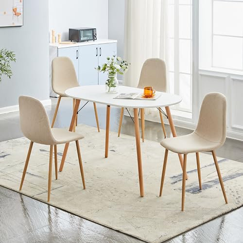 FurnitureR Lot de 4 Souples Chaise de Salle à Manger, Tissus Beige, Pieds en Métal, Scandinaves Confortables Chaise de Salon pour Cuisine Salle à Manger