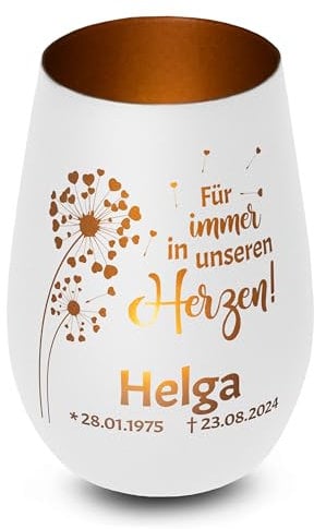 Elegantes personalisiertes Windlicht aus Glas in Weiß-Bronze Für Immer in unserem Herzen Gedenklicht für Verstorbene mit Gravur, Geschenk für Trauernde - Trauerlicht personalisiert mit Namen