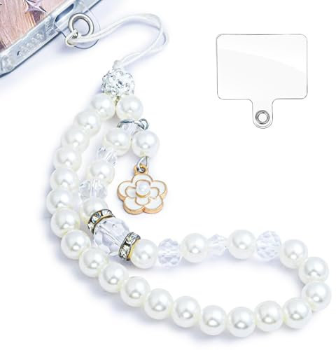 Kinretixia chaîne de téléphone Portable avec Fleur de Perle, dragonne de téléphone Portable avec Languette de Fixation, chaîne de téléphone Portable détachable Courte pour