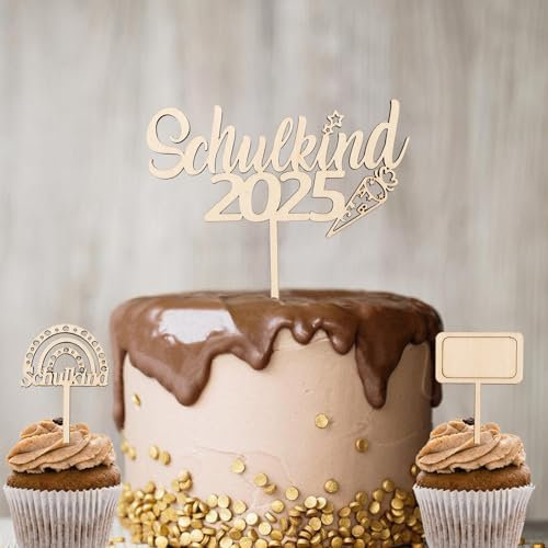 Gleevio Schulkind 2025 Tortendeko Einschulung Holz,3 Stk Cake Topper Einschulung Deko Torten,Kuchendeko Schulanfang,Schulkind Deko Junge Mädchen,Holz Cake Topper Schulanfang für Einschulungsfeier