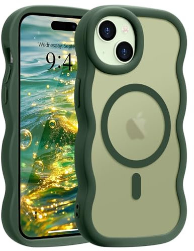 Pepmune Magnetic for iPhone 15 Case [Compatible with Magsafe] Translucent Matte Cute Curly Wave Frame Phone Case,Soft TPU Bumper Slim Fit Shockproof Protective Cover for Men Women-Dark Green