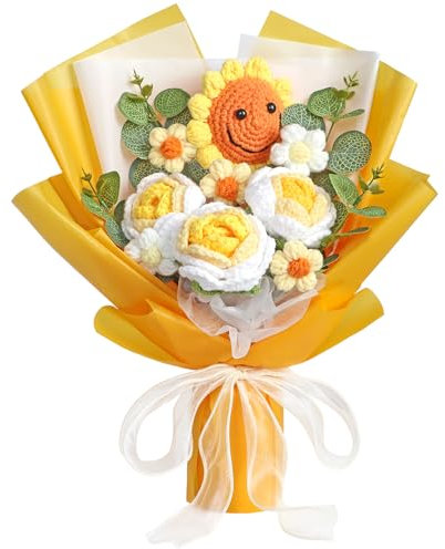 UXORSN Bouquet di fiori fatto a mano all'uncinetto con rose artificiali di girasole e fiori lavorati a maglia, tessuto a mano, composizione floreale finta per festa della mamma, compleanno, laurea
