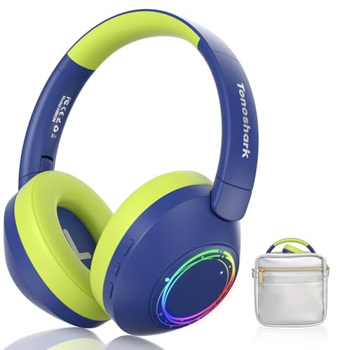 TONOSHARK Kopfhörer Kinder Bluetooth | Noise Cancelling Kopfhoerer Kinder | Bunte RGB LED Leuchte, 60h Spielzeit, Bluetooth 5.4, Headset Over Ear, Für Zuhause/Schule, Inkl. Kopfhörer Case (Blau-Grün)