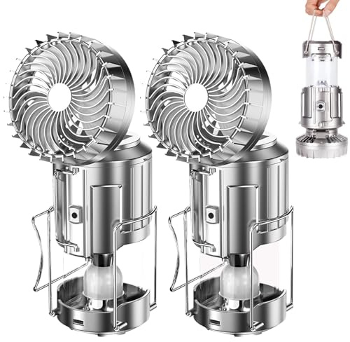 Camping Lantern with Fan, Flashlight Lantern Collapsible-USB Rechargeable, Solar & Battery Powered Camping Lampp for Picnic, Barbecue, Fishing, Travel Rechargeable Emergency Light (2Pack Sliver)