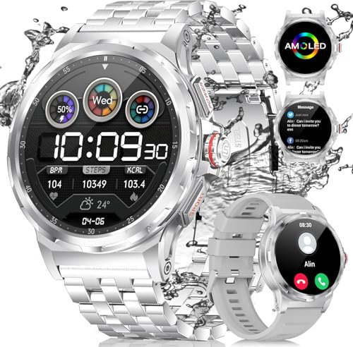 ESFOE Reloj Inteligente Hombre, 1.43 AMOLED Smartwatch Hombre Militar con Llamadas,129 Modos Deportivos 5ATM Impermeable/Pulsómetro/Sueño/Podómetro Pulsera Actividad Android iOS Plata
