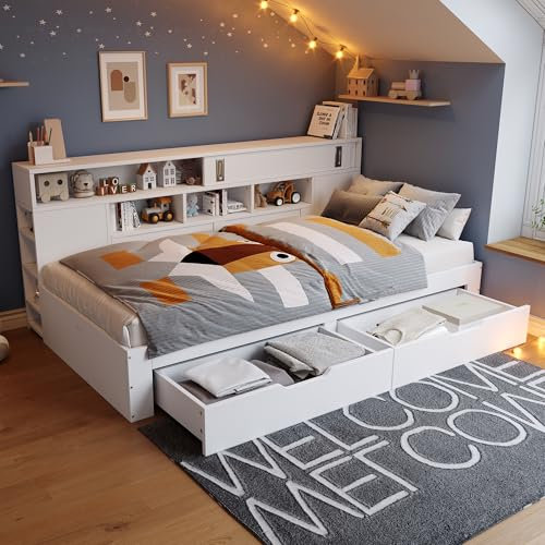 Kinderbett 90x200 cm, Einzelbett mit Regalen und Stauschrank, Stauraumbett mit Schubladen, Bettkasten mit Lattenrost, für Erwachsene und Jugendliche, ohne Matratze, Weiß
