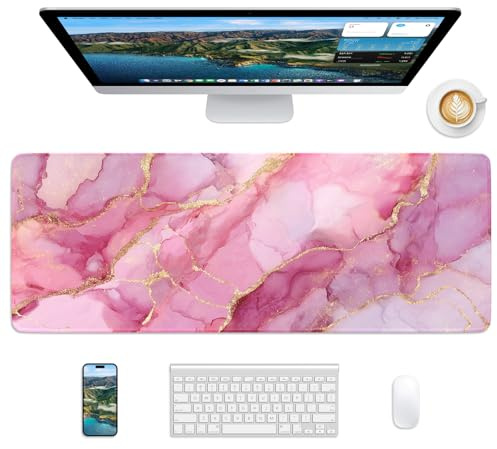 Velluxion Mouse Pad 31.5x11.8in Large Desk Mat Non-Slip for Office | Stitched edges prevent fraying, rubber non-slip base keeps pad stable, large mousepad for home, work and gaming, Pink Marble
