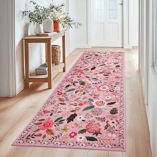Flur Teppich Kurzflor Läufer, Blumenmuster 6mm Ultradünn, 80x150cm, Rosa | Waschbarer Vintage, Wohnzimmerteppich Niedriger Flor Weich für Bettvorleger Matte/Deko/Schlafzimmer/Kinderzimmer