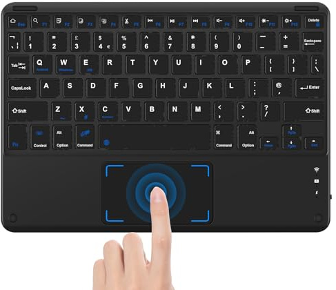 SOPPY Slim Bluetooth Keyboard with Touchpad, Rechargeable Wireless Keyboard, 3-Device Multi-Switch, 30H Battery, UK Layout, Ultra-Portable for iPad/Android/Windows/Laptops (Black)