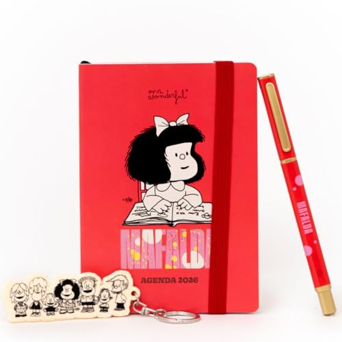 Mr. Wonderful Mafalda Set d'agenda annuel 2026 format de poche A6 2026 avec vue hebdomadaire + porte-clés + stylo