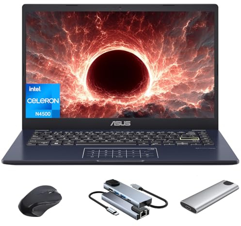 ASUS Vivobook Go 14 Linux Ubuntu Laptop, Intel Celeron N4500 4GB RAM 640GB Storage (128GB eMMc + 512GB External SSD), with Mytrix 6-in-1 Hub, Mouse for Student & Business Notebook, Star Black