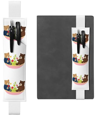 White Leather Pen Holder Bookmark YYHWHJDE People in teacups Bear and Apple Picture Adjustable Elastic Band 8.3-1.8 in Suitable for Most notebooks Diaries