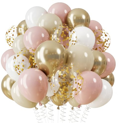 QIFU Luftballons Rosa Gold, 36 Stück Helium Ballons Geburtstag Rosa Beige | Rosa Luftballon Geburtstag Pastell Rosa Ballons mit Konfetti Gold für Geburtstag Mädchen Hochzeit Valentinstag Verlobung