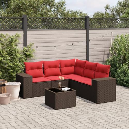 Kaloriko 6-teiliges Gartensofa-Set, braun, aus Polyrattan, mit roten Kissen, modular, für Terrasse, Balkon, UV-beständig, 110 kg Tragkraft