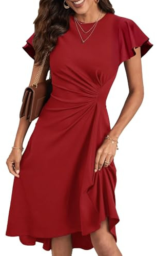 KUNJLELP Vestito Donna Elegante Manica Corta Abito Linea A Vita Alta Midi Abiti Tinta Unita Estivo Vestiti da Cerimonia per Festa Cocktail