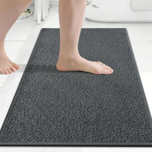 Homaxy Dünn Badezimmerteppich, Badematte, 41X61 cm, Dunkelgrau | Kurzfasern, Dicke: 0,4 cm, Rutschfest, Gummi Rückseite, Saugfähig, Schnelltrocknend, Waschbar, Leicht zu reinigen, Badteppich
