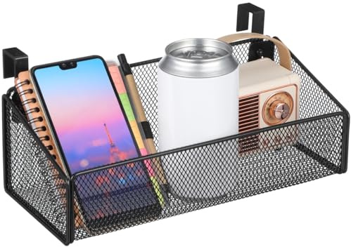 Healvian Bedside Caddy Hanging Basket, Metal Bedside Storage Organiser | No Drill Bedside Hanging Storage Basket,Strong Mesh Shelf for Books Glasses Phones and Water Cups in Dorm Room Bedroom