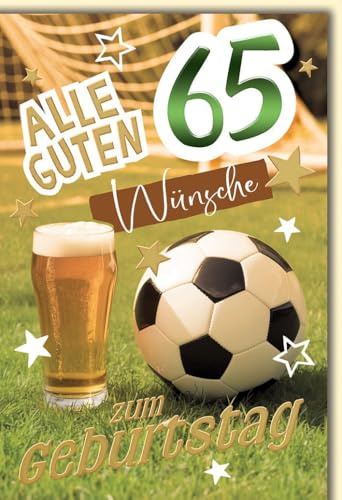 Geburtstagskarte zum 65. für Senioren - 65 Jahre Männer - Fußball und Bier mit Sternen und Tor im Hintergrund - Klappkarte mit Umschlag