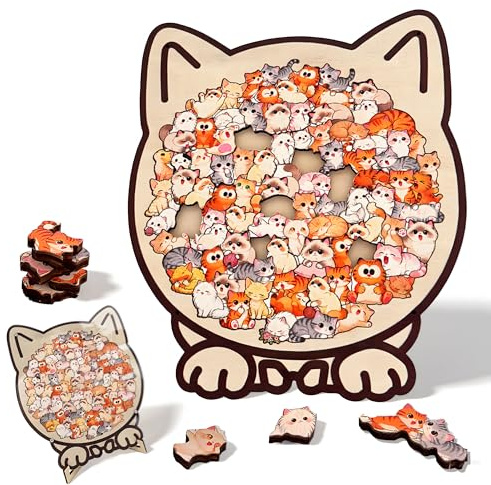 Cat Shaped Wooden Jigsaw Puzzle with Stand, Unique Animal Shape Wood Puzzle, Creative Gifts for Cats Lovers, Home Decorative Display Piece (Cat)