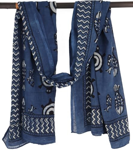 GURU SHOP Leichter Pareo, Sarong, Handbedrucktes Baumwolltuch - Blau Kombination 9, Herren/Damen, Baumwolle, 180x110 cm