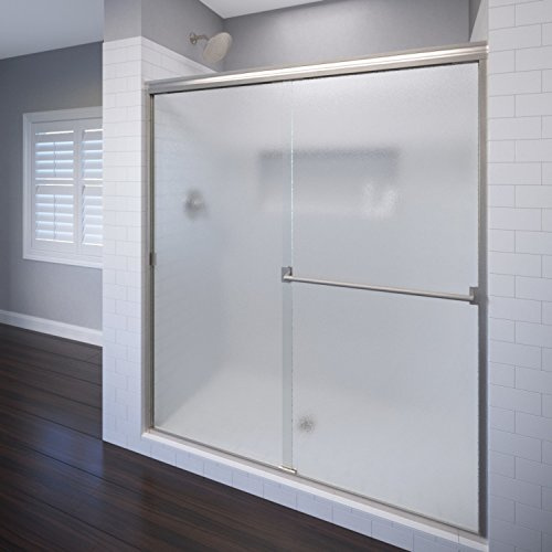 Basco Classic Semi-Frameless Sliding Shower Door, Fits 40-44 in. W x 65.5 in. H, 3/16 in. Obscure Tempered Glass, Brushed Nickel