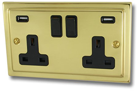 Polished Brass Double Socket with USB (Black Switches) - TB910B