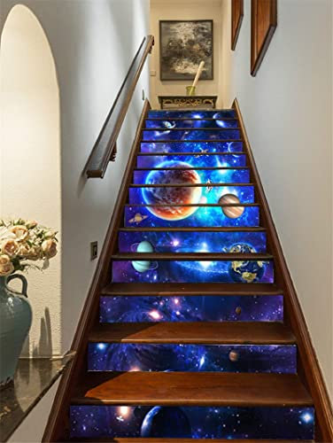 FLFK 3D Sonnensystem mit Planeten Selbstklebend Treppen Aufkleber Vinyl Abnehmbare Aufkleber für Treppenhaus Zuhause Dekoration 39.3Zoll x7.08Zoll x13 stücke