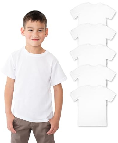 Pierre Calvini Kids T-Shirts - Cotton Boys & Girls T Shirt (5pk) | Plain White T Shirt For Kids - Soft Cotton Tees For Children, Tag-Free, Durable Shape-Retaining Fit For School, Pe & Everyday
