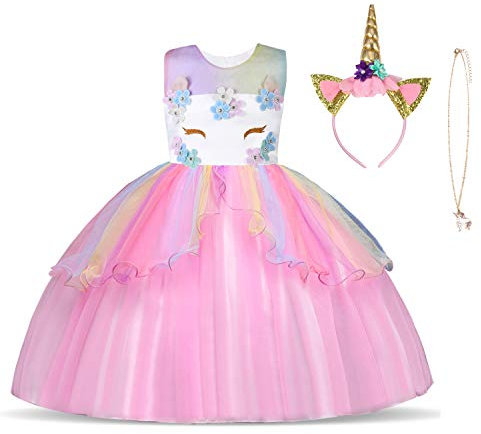 URAQT Kinder Einhorn Kostüm Kleid, Mädchen Einhorn Rock, Blumen Mädchen Ärmellos Partykleid, Geburtstagskleid Festkleid, Fasching Karneval Verkleidung mit Unicorn Outfit Set, 130cm(Rosa-B)