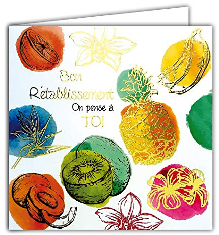Quadratische Karte, goldfarben, Aufschrift Bon Retage on denken à toi Früchte Vitamine