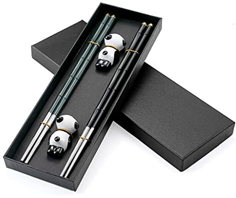 Hongyantech Bacchette in fibra di vetro in acciaio inox, 2 paia con 2 panda in ceramica, per sushi, bacchette riutilizzabili, lavabili per lavastoviglie con confezione regalo
