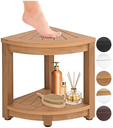 ROHKEX Shower Bench Seat - Brown L-Shaped Corner Shower Stool - Waterproof High-Impact Plastic & Non-Slip Adjustable Legs - Double-Layer Shelf Organizer & Corner Bench for Apartment & Home Essentials