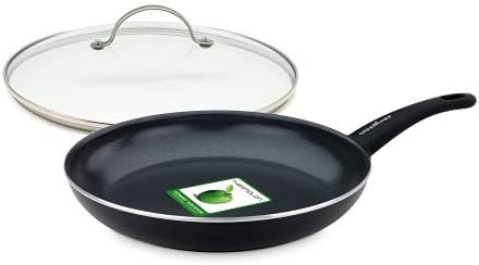 GREENCHEF, Poêle à frire antiadhésive en céramique Soft Grip avec couvercle - 28 cm, Noir