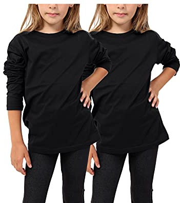 GW CLASSY OUTFIT 2X Kids Girls Boys Plain 2 Pack Combination (Long Sleeve Top) School Basic T-Shirt Tops Crew Neck Uniform Jumper 3-14 Years (2X Black, 13-14 Years)